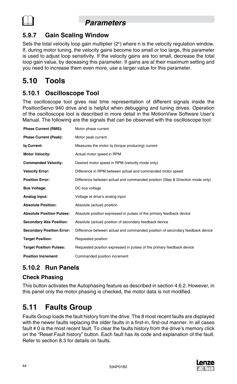 7 gain scaling window, 10 tools, 1 oscilloscope tool | 2 run panels, 11 faults group, Parameters, Check phasing | Lenze S94P01B2 User Manual | Page 46 / 76