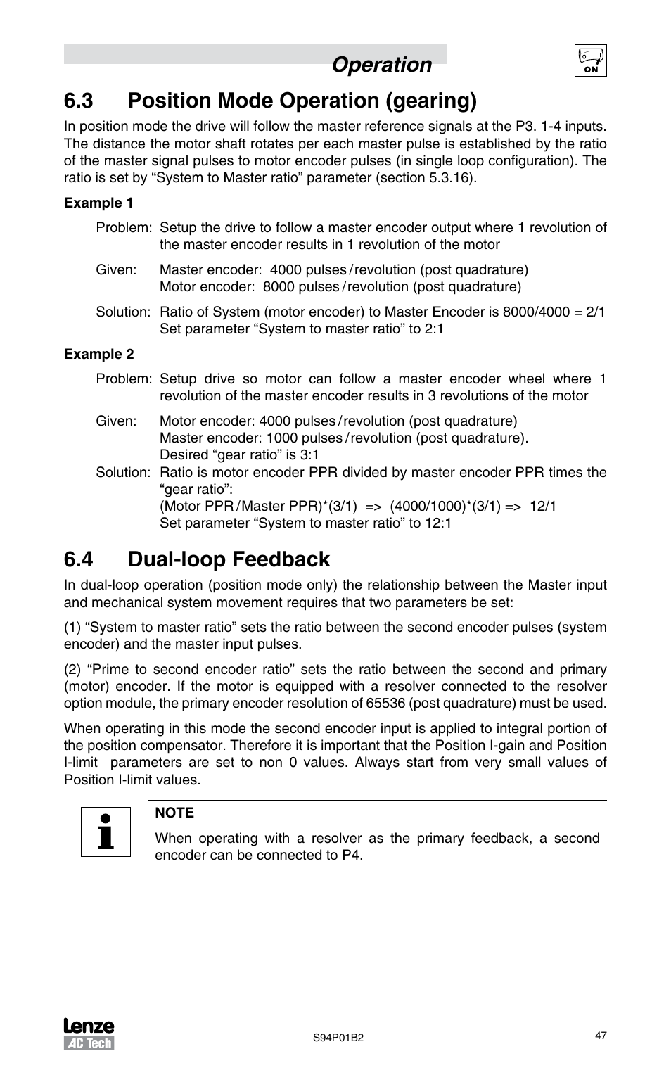 3 position mode operation (gearing), 4 dual-loop feedback, Operation 6.3 position mode operation (gearing) | Lenze S94P01B2 User Manual | Page 49 / 76