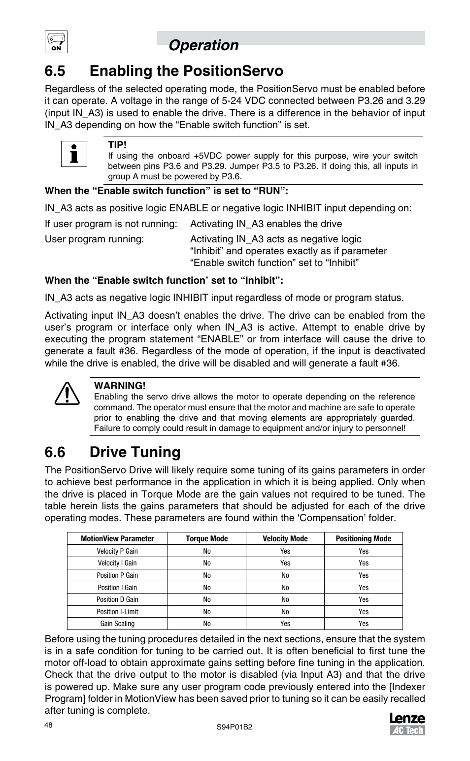 5 enabling the positionservo, 6 drive tuning, Operation 6.5 enabling the positionservo | Lenze S94P01B2 User Manual | Page 50 / 76