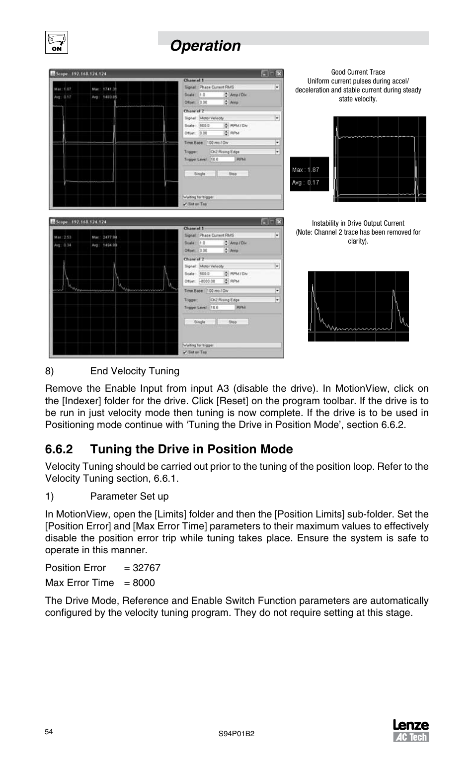 2 tuning the drive in position mode, Operation | Lenze S94P01B2 User Manual | Page 56 / 76