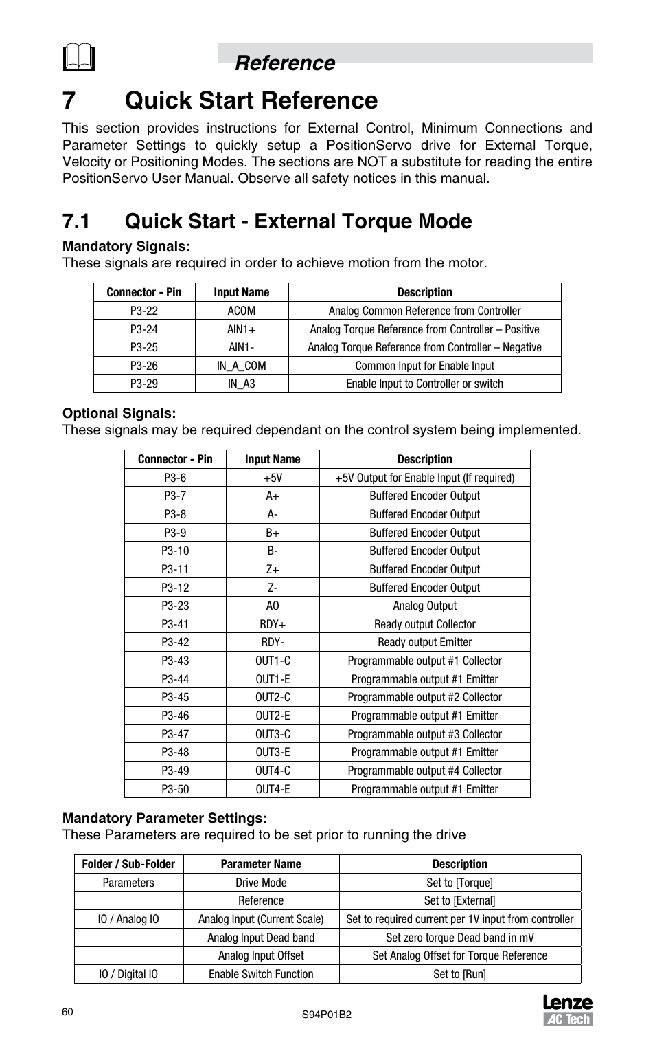 7 quick start reference, 1 quick start - external torque mode, 7quick start reference | Reference | Lenze S94P01B2 User Manual | Page 62 / 76