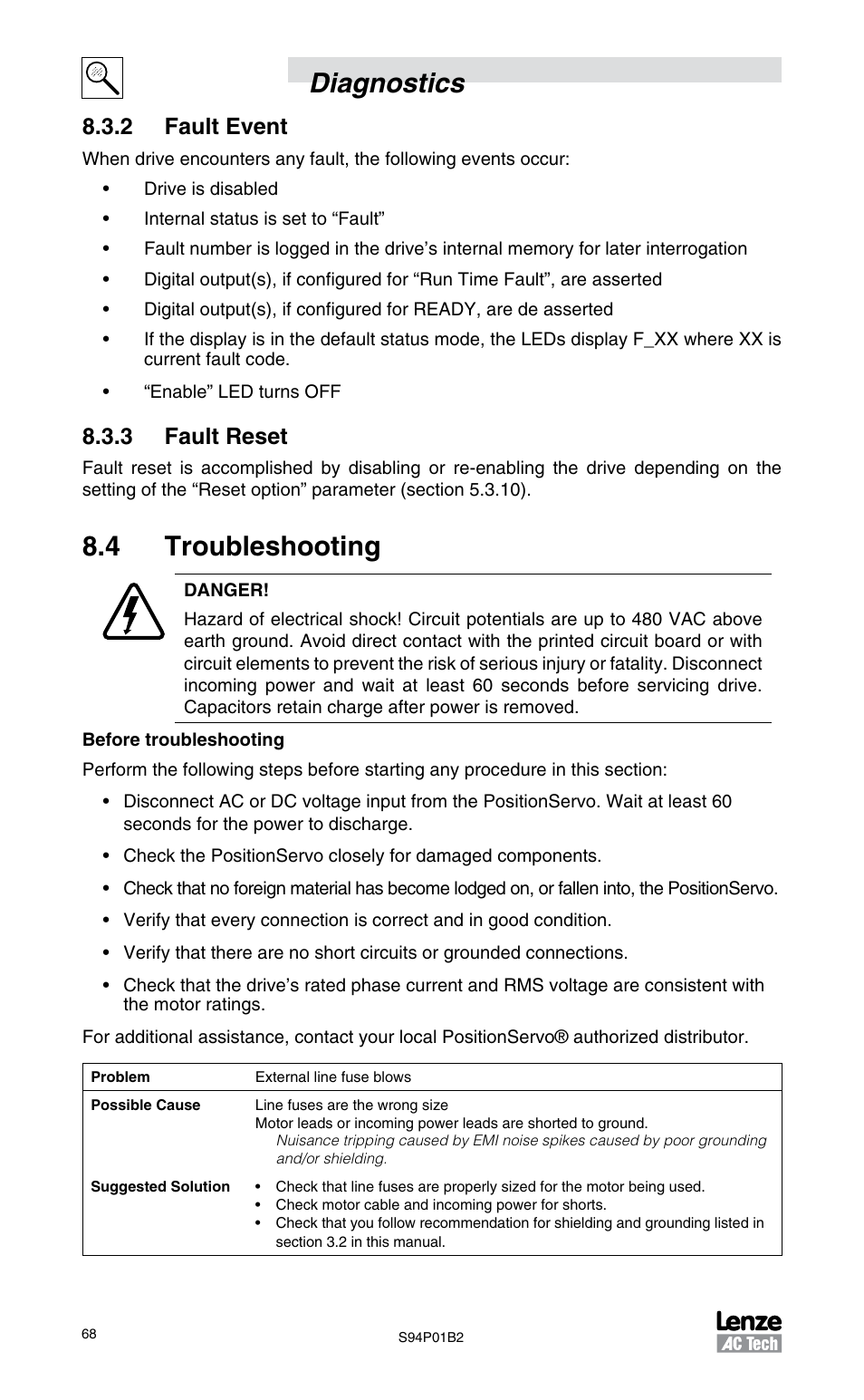 2 fault event, 3 fault reset, 4 troubleshooting | Diagnostics | Lenze S94P01B2 User Manual | Page 70 / 76