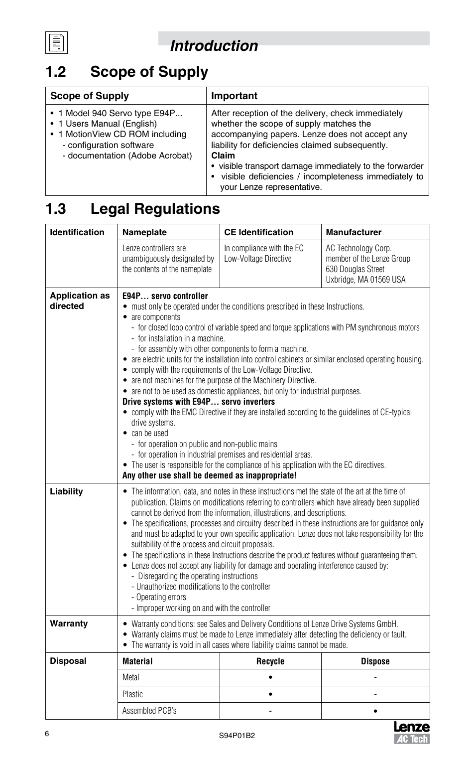 2 scope of supply, 3 legal regulations, Introduction 1.2 scope of supply | Lenze S94P01B2 User Manual | Page 8 / 76