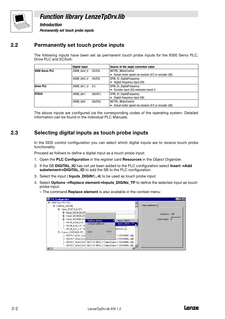 2 permanently set touch probe inputs, 3 selecting digital inputs as touch probe inputs, Permanently set touch probe inputs | Selecting digital inputs as touch probe inputs, Function library lenzetpdrv.lib, Introduction | Lenze DDS Function library TpDrv User Manual | Page 10 / 17