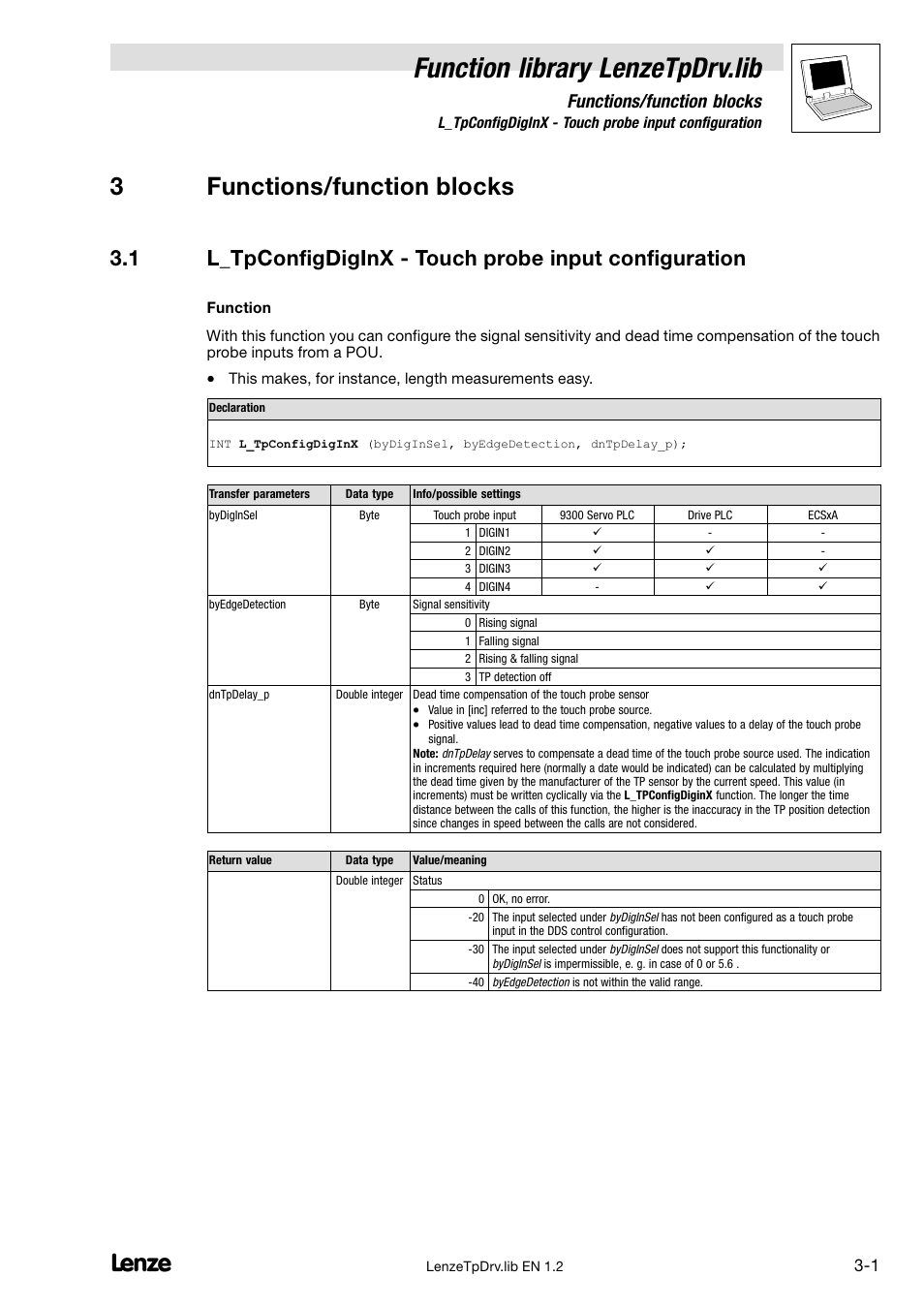 3 functions/function blocks, L_tpconfigdiginx − touch probe input configuration, Function library lenzetpdrv.lib | 3functions/function blocks, Functions/function blocks | Lenze DDS Function library TpDrv User Manual | Page 13 / 17