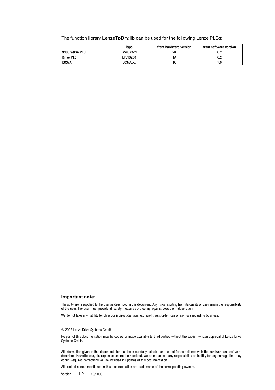 This function library can be used for | Lenze DDS Function library TpDrv User Manual | Page 2 / 17
