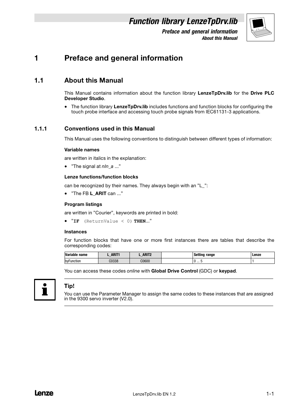 1 preface and general information, 1 about this manual, 1 conventions used in this manual | About this manual, Conventions used in this manual, Function library lenzetpdrv.lib, 1preface and general information | Lenze DDS Function library TpDrv User Manual | Page 5 / 17