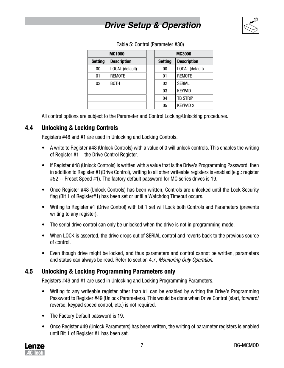 Drive setup & operation, 4 unlocking & locking controls, 5 unlocking & locking programming parameters only | Lenze MC Series Drives User Manual | Page 11 / 35