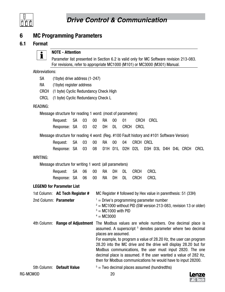 Drive control & communication, 6mc programming parameters | Lenze MC Series Drives User Manual | Page 24 / 35