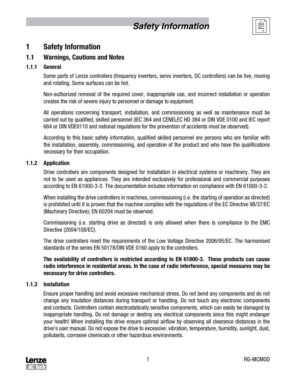 Safety information, 1safety information | Lenze MC Series Drives User Manual | Page 5 / 35