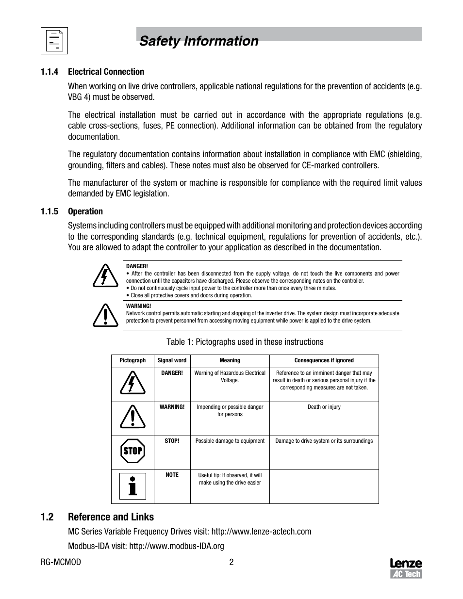 Safety information, 2 reference and links | Lenze MC Series Drives User Manual | Page 6 / 35