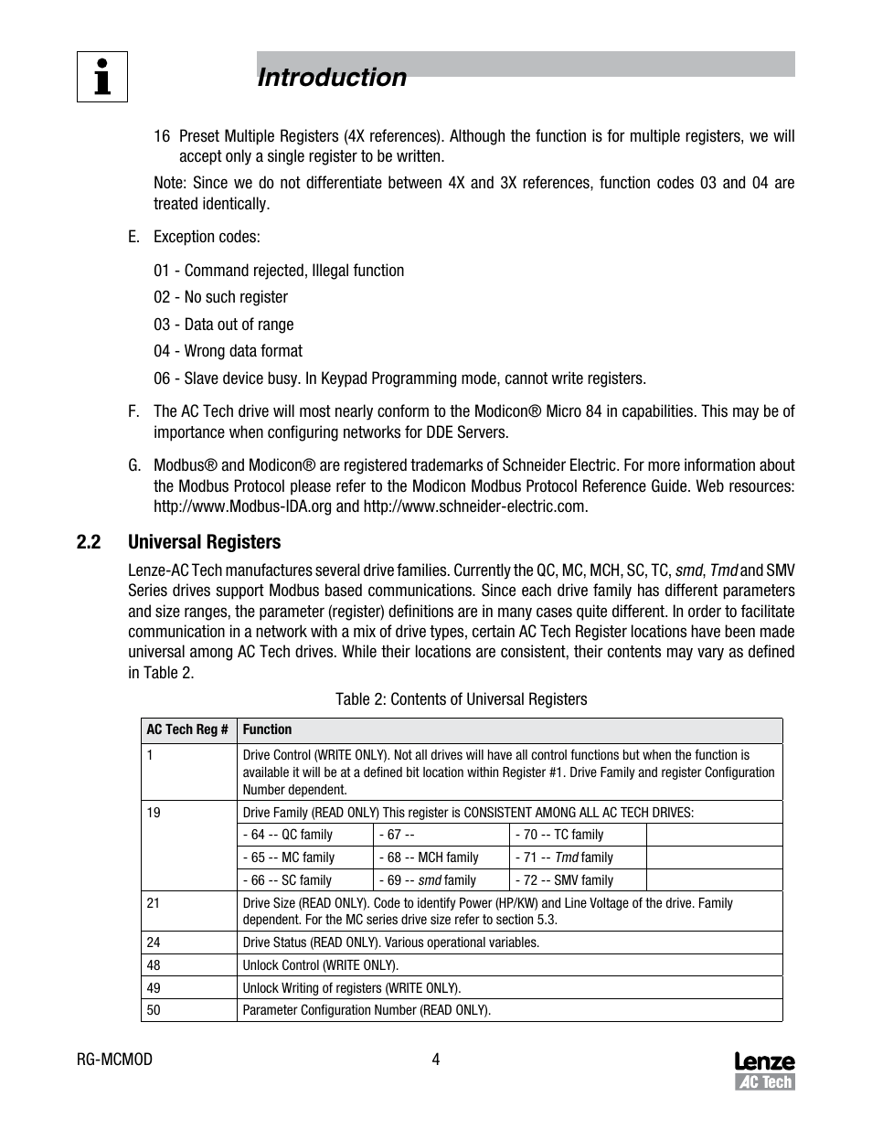Introduction, 2 universal registers | Lenze MC Series Drives User Manual | Page 8 / 35