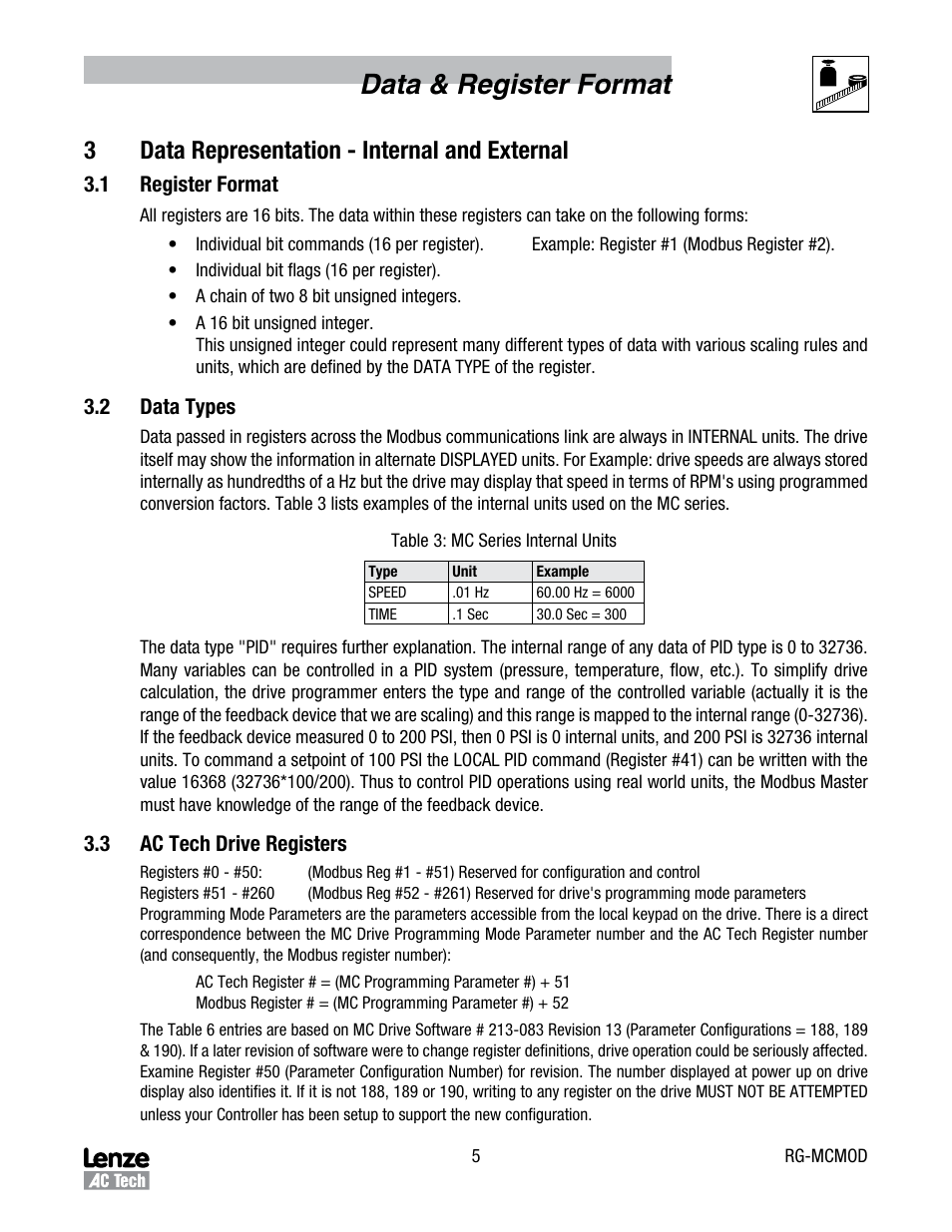 Data & register format, 3data representation - internal and external | Lenze MC Series Drives User Manual | Page 9 / 35