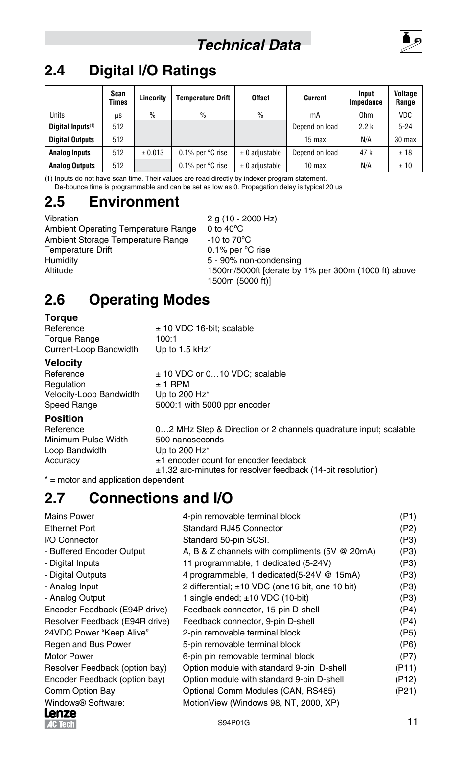 Technical data 2.4 digital i/o ratings, 5 environment, 6 operating modes | 7 connections and i/o | Lenze S94P01G Position Servo User Manual | Page 13 / 84