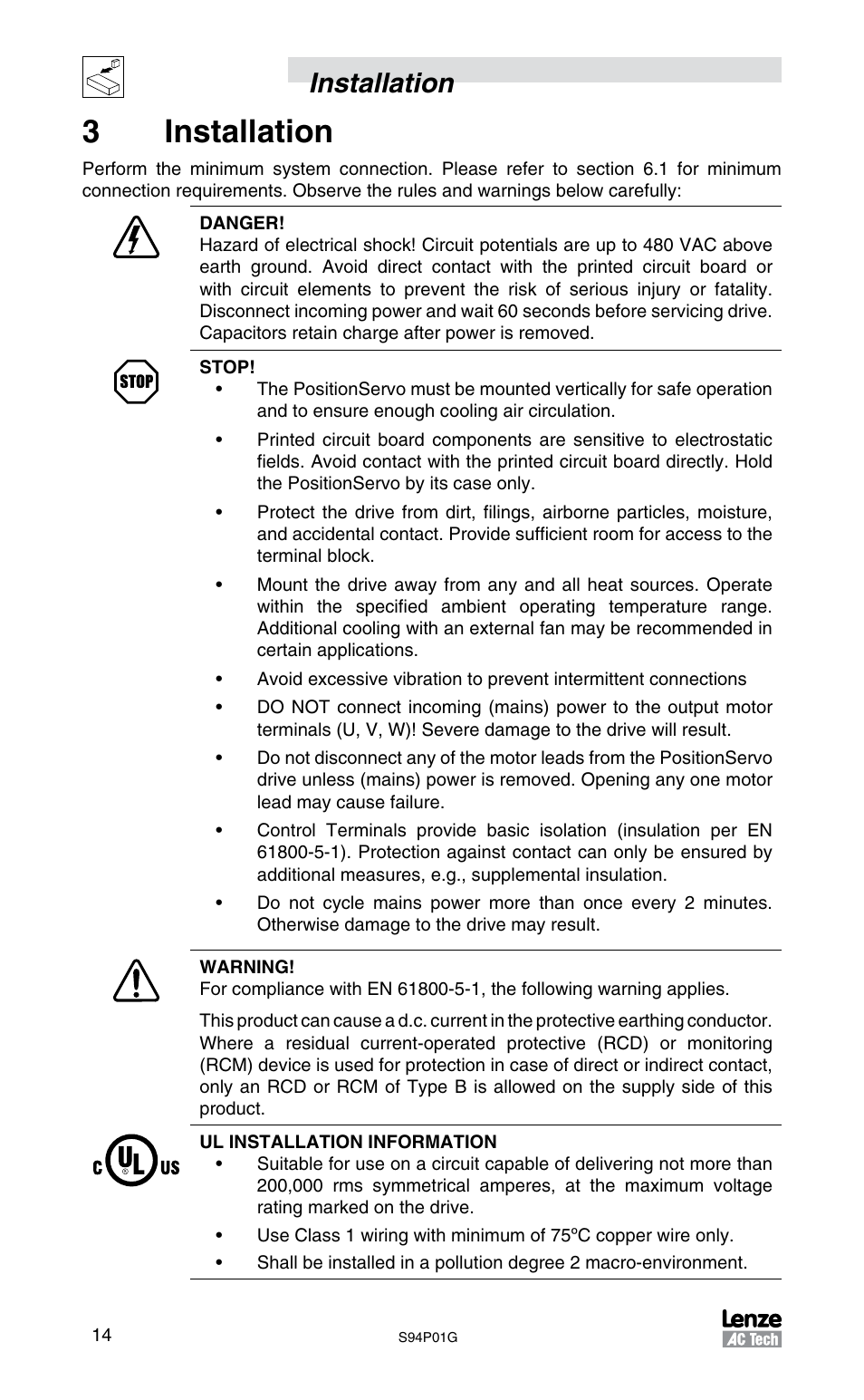 3installation, Installation | Lenze S94P01G Position Servo User Manual | Page 16 / 84