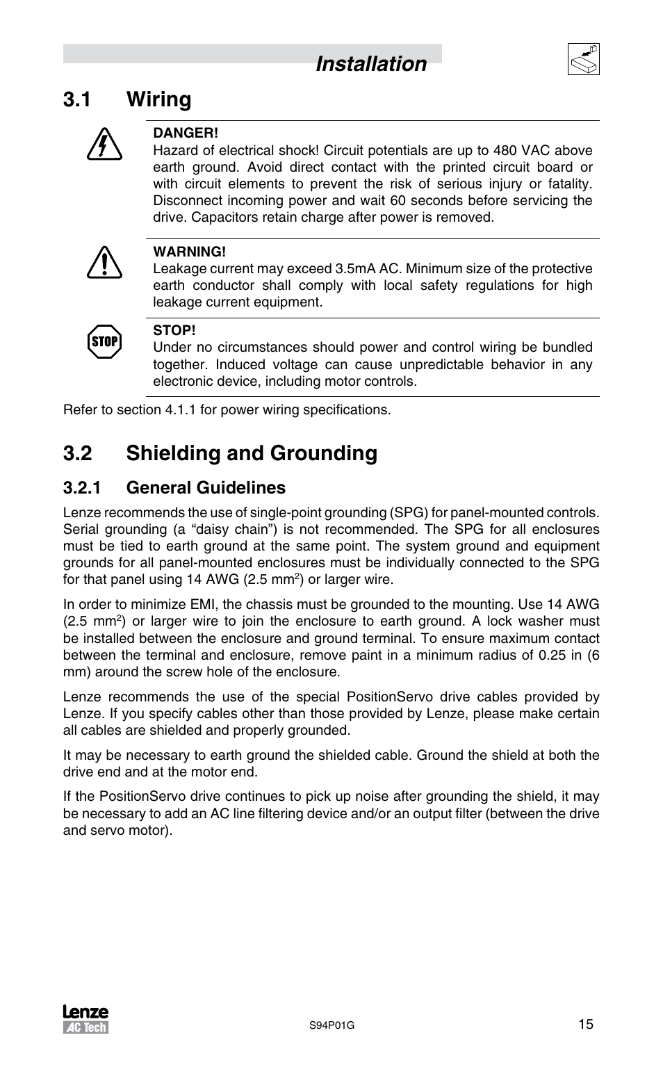 Installation 3.1 wiring, 2 shielding and grounding, 1 general guidelines | Lenze S94P01G Position Servo User Manual | Page 17 / 84