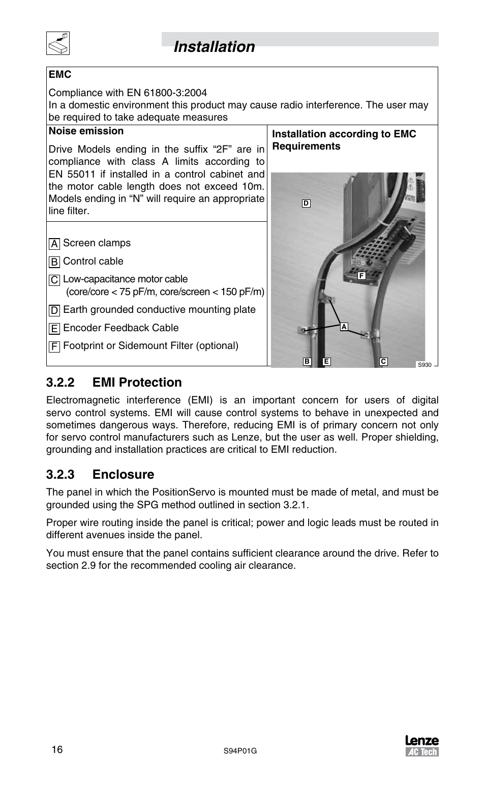 Installation, 2 emi protection, 3 enclosure | Lenze S94P01G Position Servo User Manual | Page 18 / 84