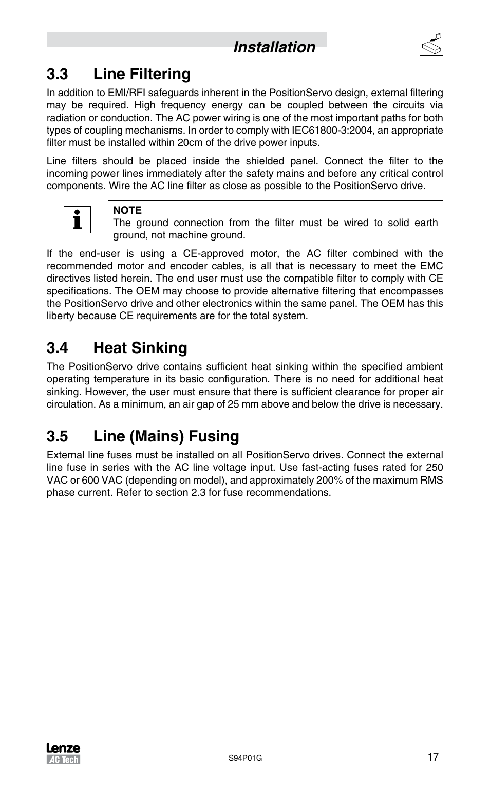 Installation 3.3 line filtering, 4 heat sinking, 5 line (mains) fusing | Lenze S94P01G Position Servo User Manual | Page 19 / 84