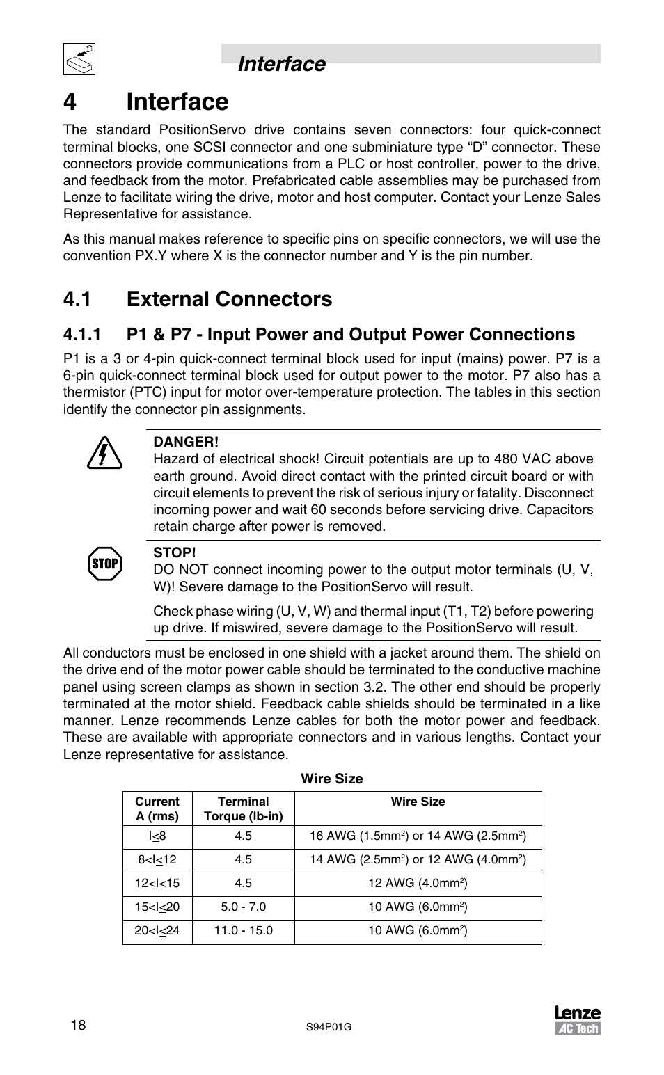 4interface, Interface, 1 external connectors | Lenze S94P01G Position Servo User Manual | Page 20 / 84