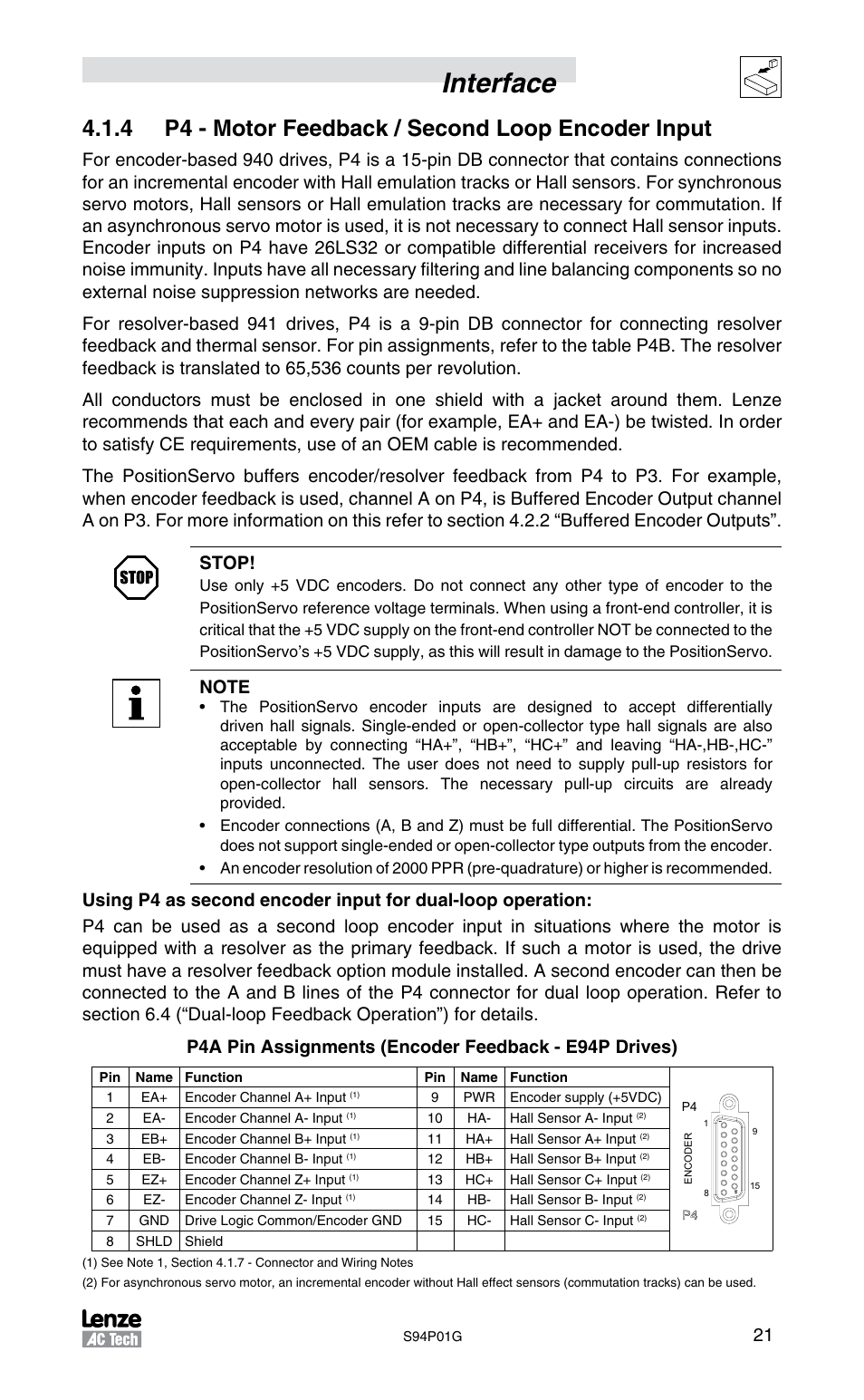 Interface, 4 p4 - motor feedback / second loop encoder input | Lenze S94P01G Position Servo User Manual | Page 23 / 84