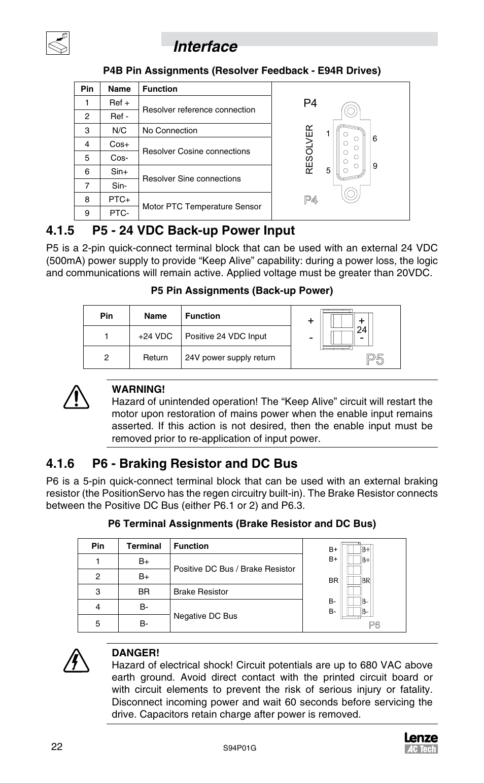 Interface, 5 p5 - 24 vdc back-up power input, 6 p6 - braking resistor and dc bus | Lenze S94P01G Position Servo User Manual | Page 24 / 84