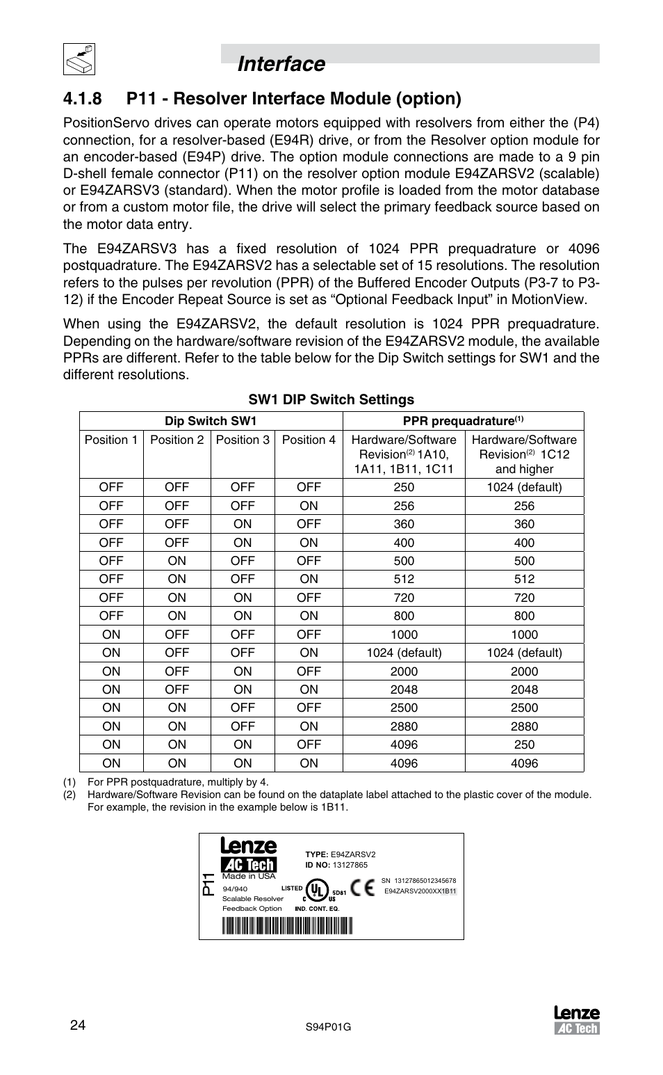 Interface, 8 p11 - resolver interface module (option) | Lenze S94P01G Position Servo User Manual | Page 26 / 84