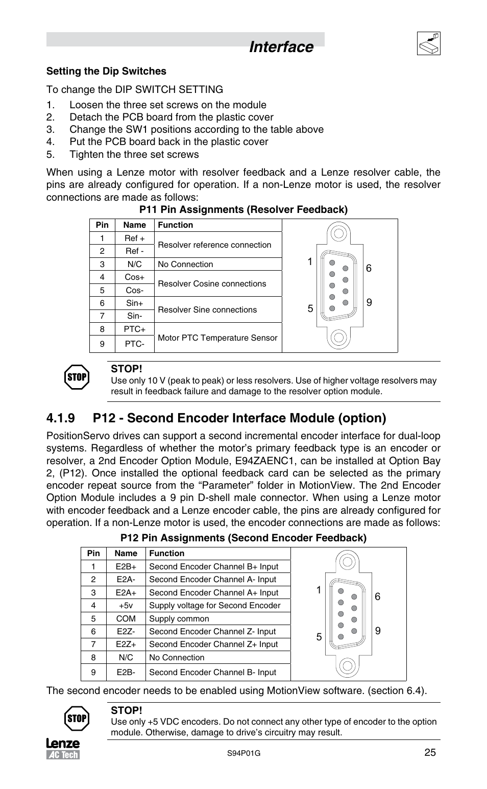 Interface, 9 p12 - second encoder interface module (option) | Lenze S94P01G Position Servo User Manual | Page 27 / 84