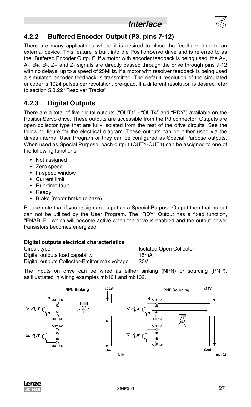 Interface, 3 digital outputs | Lenze S94P01G Position Servo User Manual | Page 29 / 84