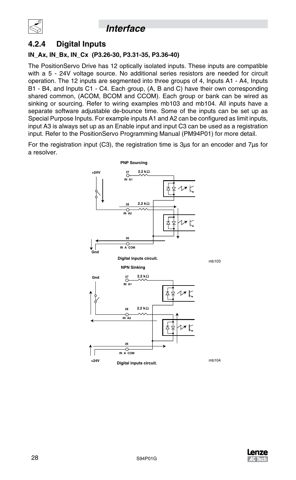 Interface, 4 digital inputs | Lenze S94P01G Position Servo User Manual | Page 30 / 84