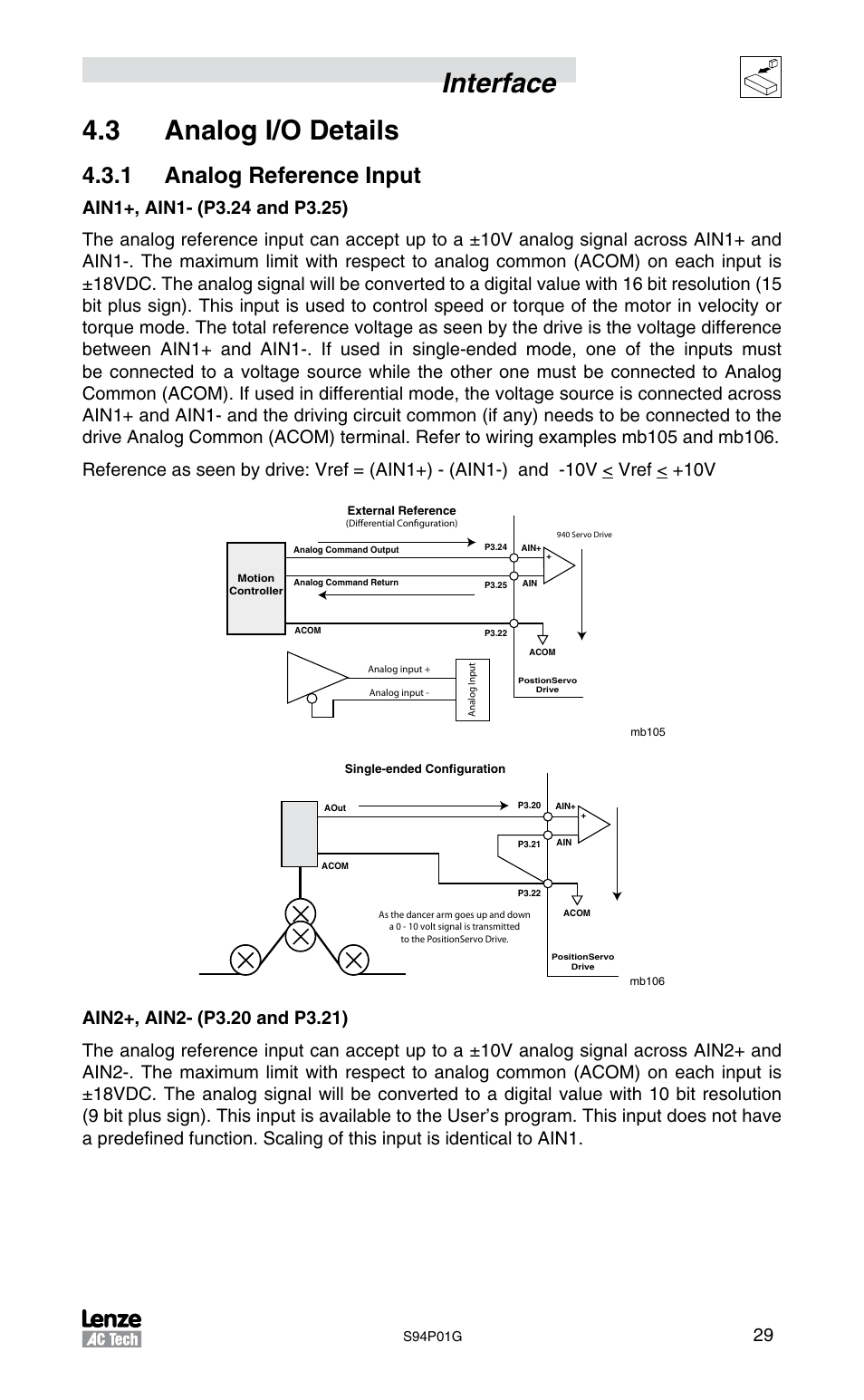 Interface 4.3 analog i/o details, 1 analog reference input | Lenze S94P01G Position Servo User Manual | Page 31 / 84