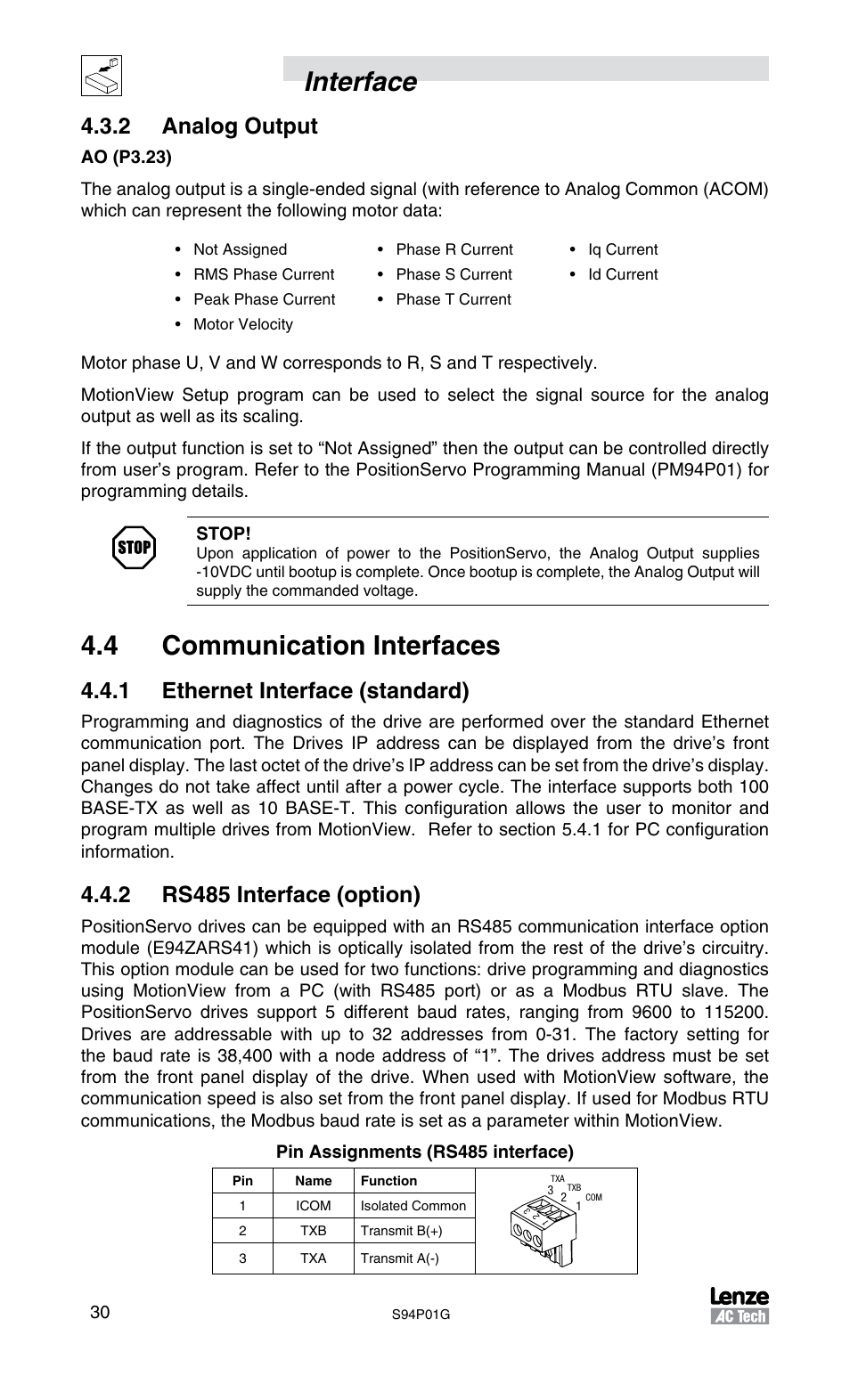 Interface, 4 communication interfaces, 2 analog output | 1 ethernet interface (standard), 2 rs485 interface (option) | Lenze S94P01G Position Servo User Manual | Page 32 / 84