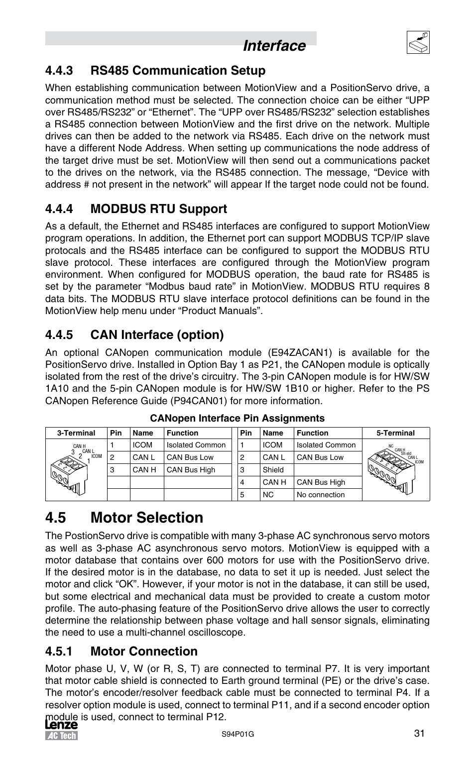 Interface, 5 motor selection, 3 rs485 communication setup | 4 modbus rtu support, 5 can interface (option), 1 motor connection | Lenze S94P01G Position Servo User Manual | Page 33 / 84