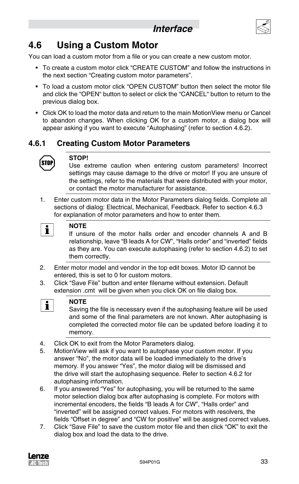 Interface 4.6 using a custom motor, 1 creating custom motor parameters | Lenze S94P01G Position Servo User Manual | Page 35 / 84