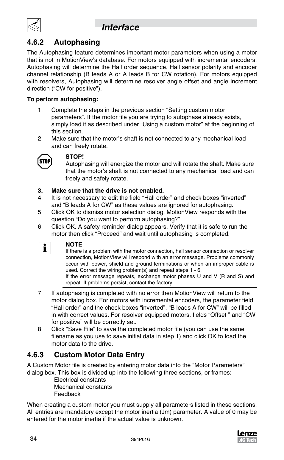 Interface, 2 autophasing, 3 custom motor data entry | Lenze S94P01G Position Servo User Manual | Page 36 / 84