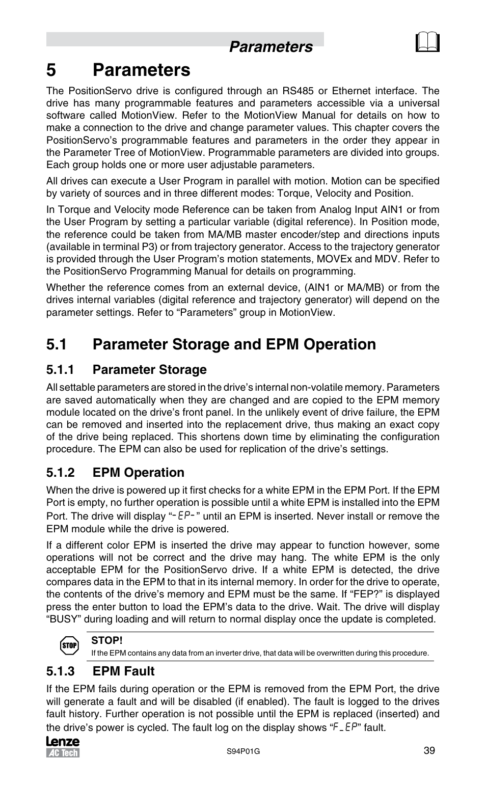 5parameters, Parameters, 1 parameter storage and epm operation | Lenze S94P01G Position Servo User Manual | Page 41 / 84