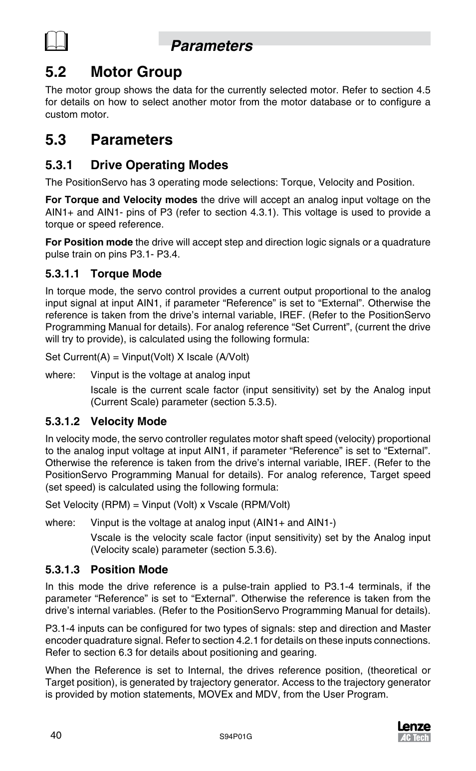 Parameters 5.2 motor group, 3 parameters | Lenze S94P01G Position Servo User Manual | Page 42 / 84
