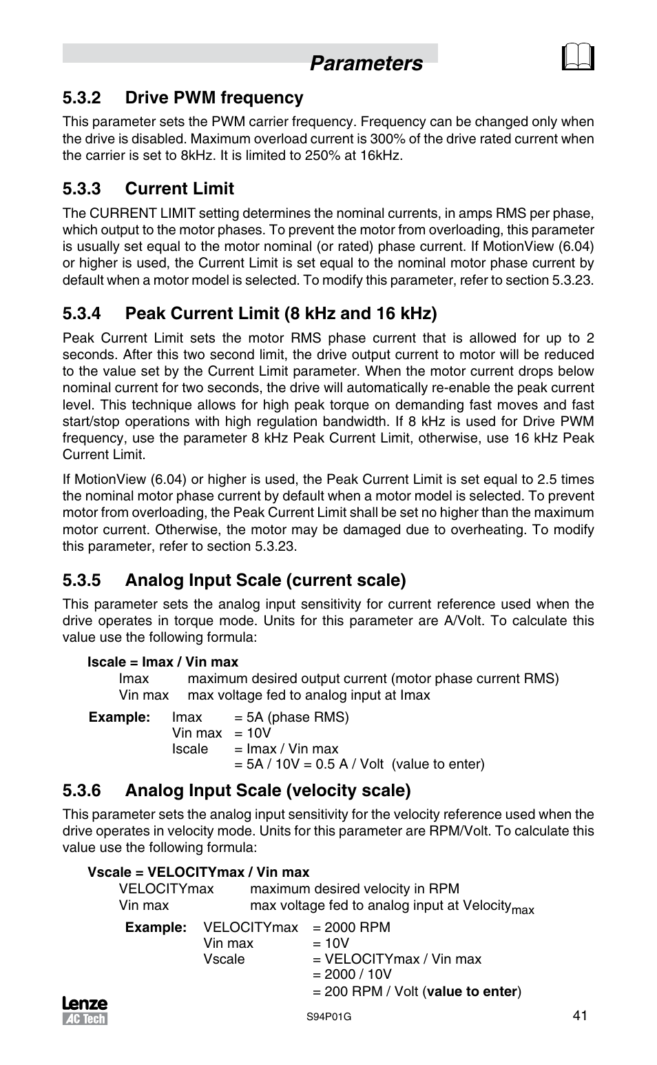 Parameters, 2 drive pwm frequency, 3 current limit | 4 peak current limit (8 khz and 16 khz), 5 analog input scale (current scale), 6 analog input scale (velocity scale) | Lenze S94P01G Position Servo User Manual | Page 43 / 84