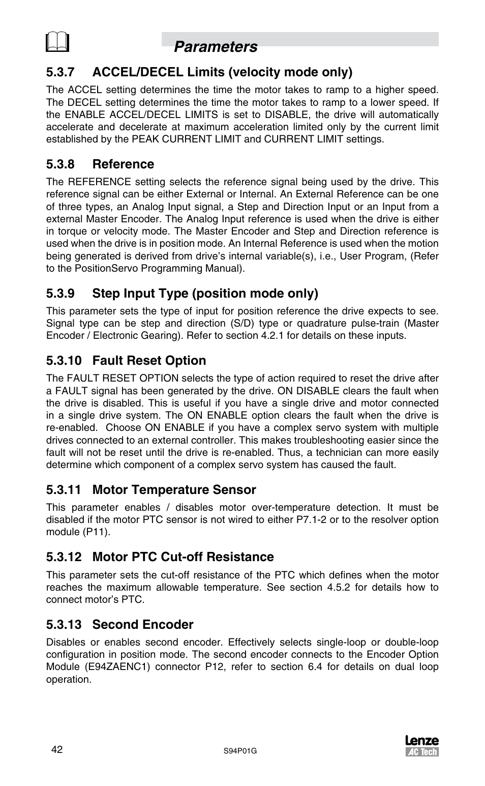 Parameters | Lenze S94P01G Position Servo User Manual | Page 44 / 84