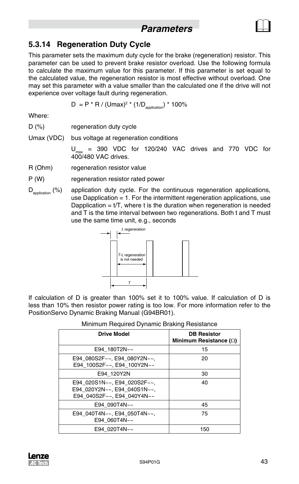 Parameters, 14 regeneration duty cycle | Lenze S94P01G Position Servo User Manual | Page 45 / 84