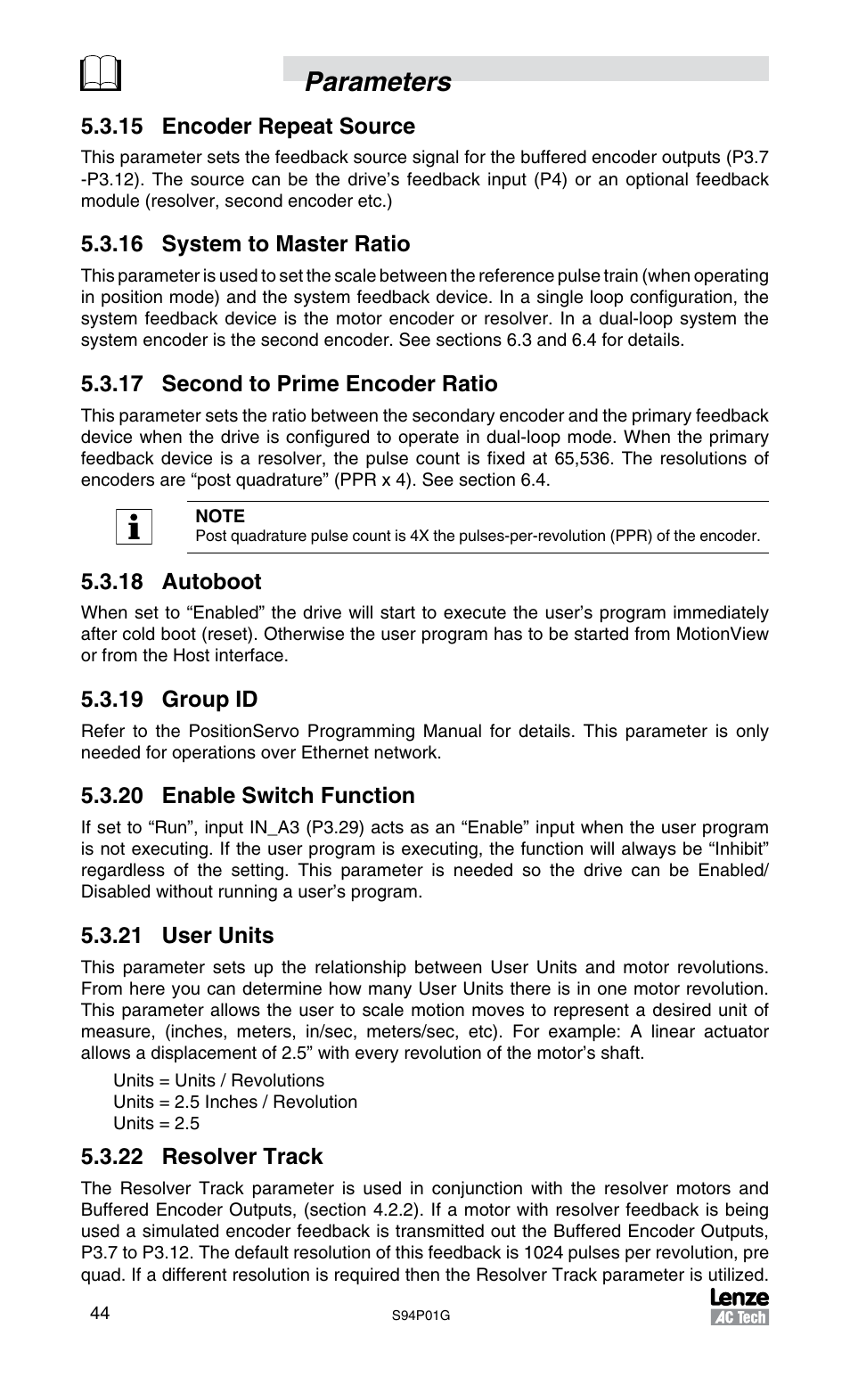 Parameters | Lenze S94P01G Position Servo User Manual | Page 46 / 84