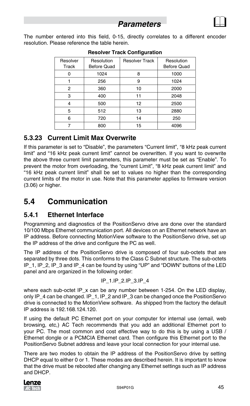 Parameters, 4 communication, 23 current limit max overwrite | 1 ethernet interface | Lenze S94P01G Position Servo User Manual | Page 47 / 84