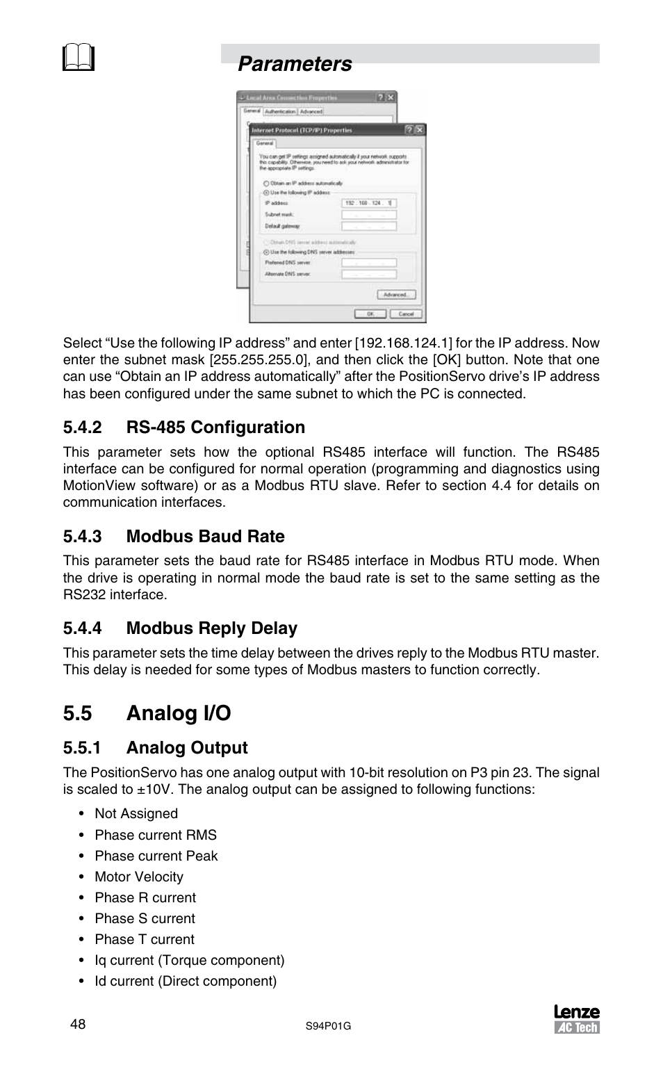 Parameters, 5 analog i/o | Lenze S94P01G Position Servo User Manual | Page 50 / 84