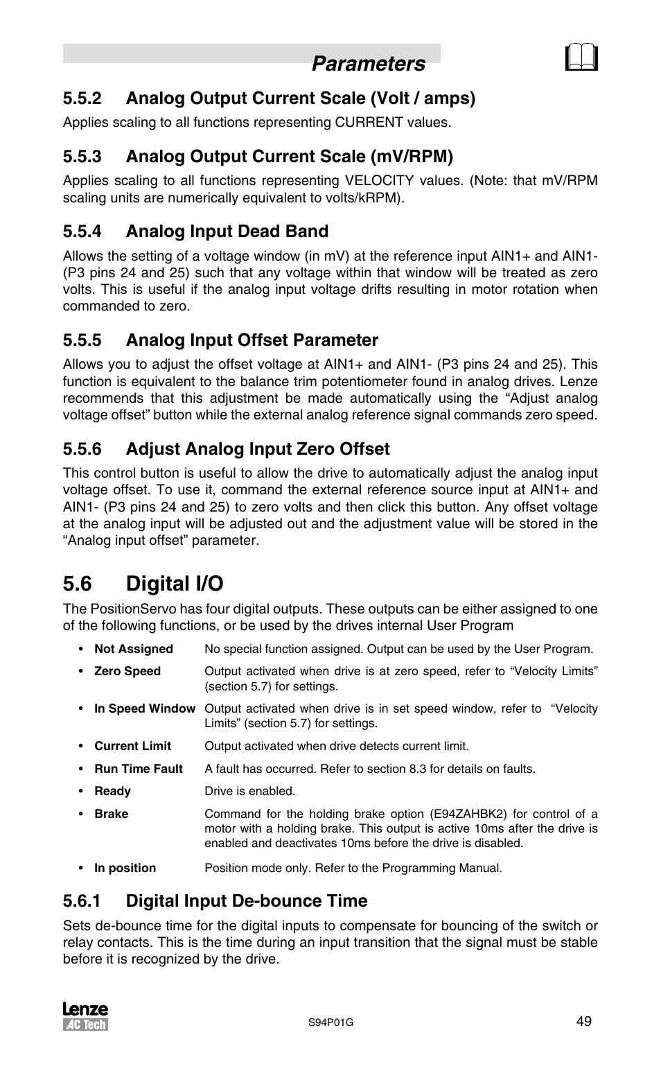 Parameters, 6 digital i/o, 2 analog output current scale (volt / amps) | 3 analog output current scale (mv/rpm), 4 analog input dead band, 5 analog input offset parameter, 6 adjust analog input zero offset, 1 digital input de-bounce time | Lenze S94P01G Position Servo User Manual | Page 51 / 84