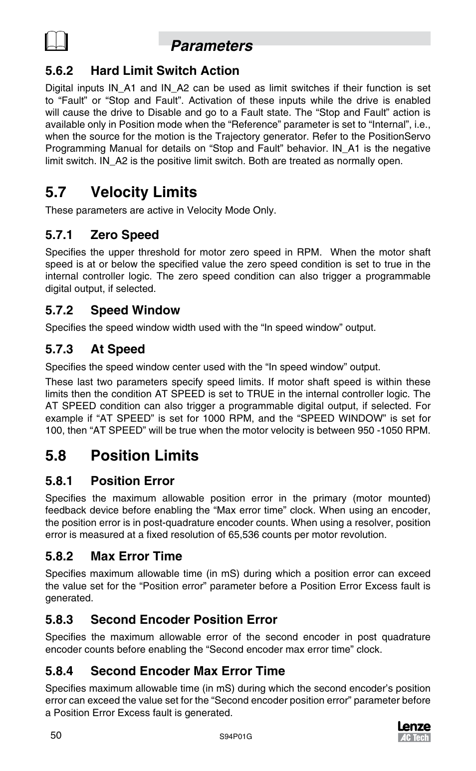Parameters, 7 velocity limits, 8 position limits | Lenze S94P01G Position Servo User Manual | Page 52 / 84