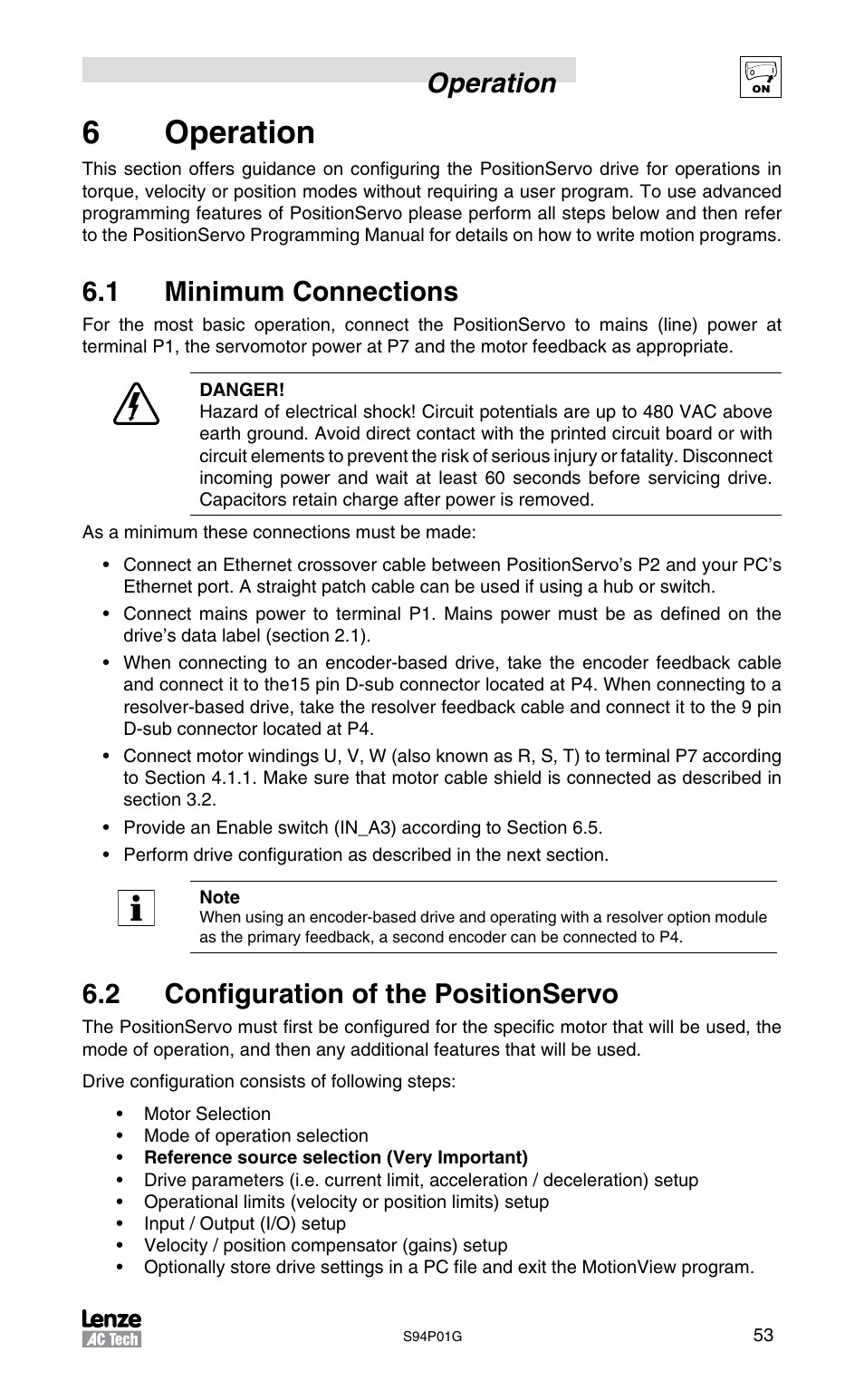 6operation, Operation, 1 minimum connections | 2 configuration of the positionservo | Lenze S94P01G Position Servo User Manual | Page 55 / 84