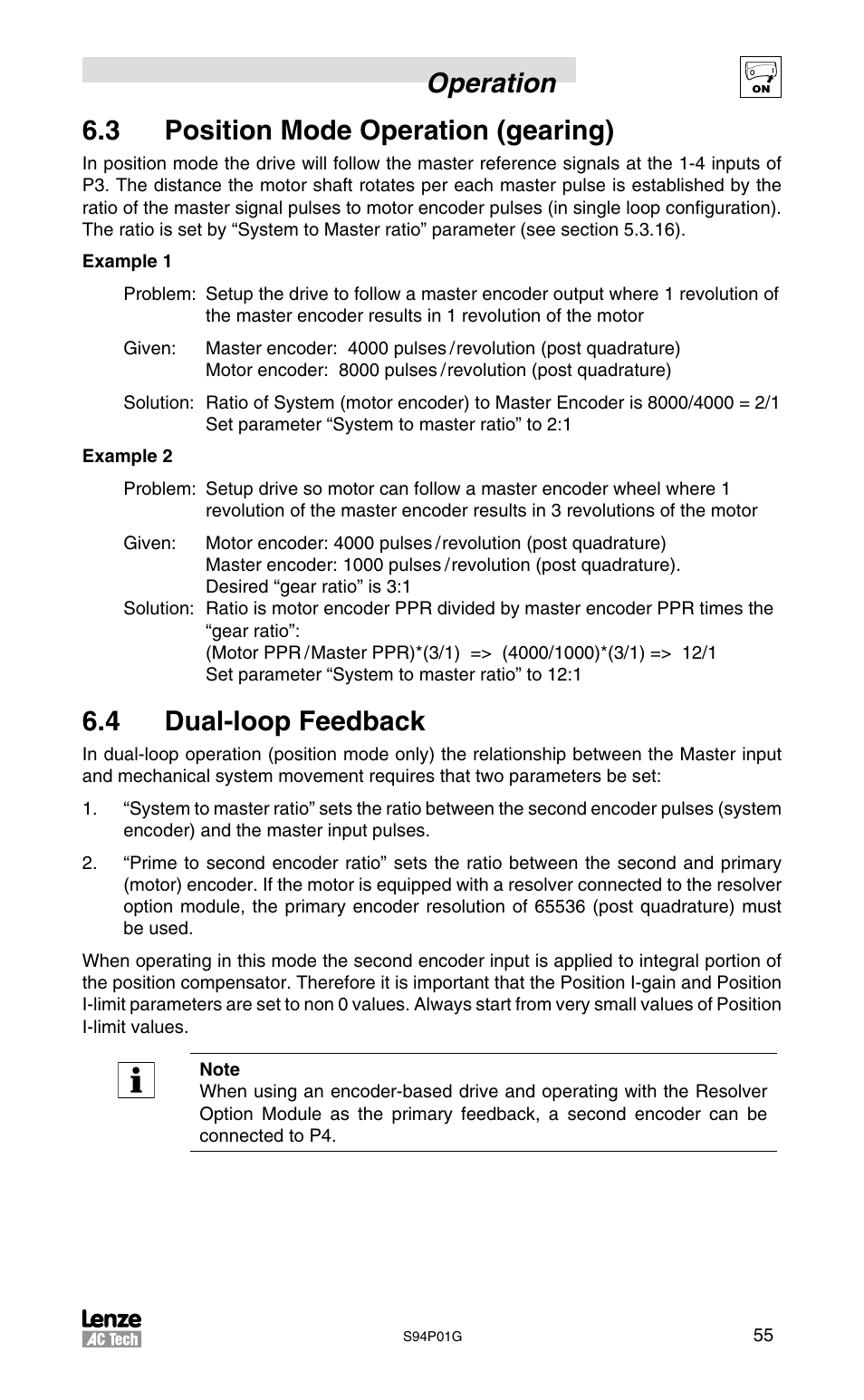Operation 6.3 position mode operation (gearing), 4 dual-loop feedback | Lenze S94P01G Position Servo User Manual | Page 57 / 84