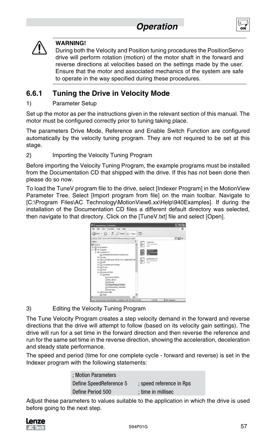Operation, 1 tuning the drive in velocity mode | Lenze S94P01G Position Servo User Manual | Page 59 / 84