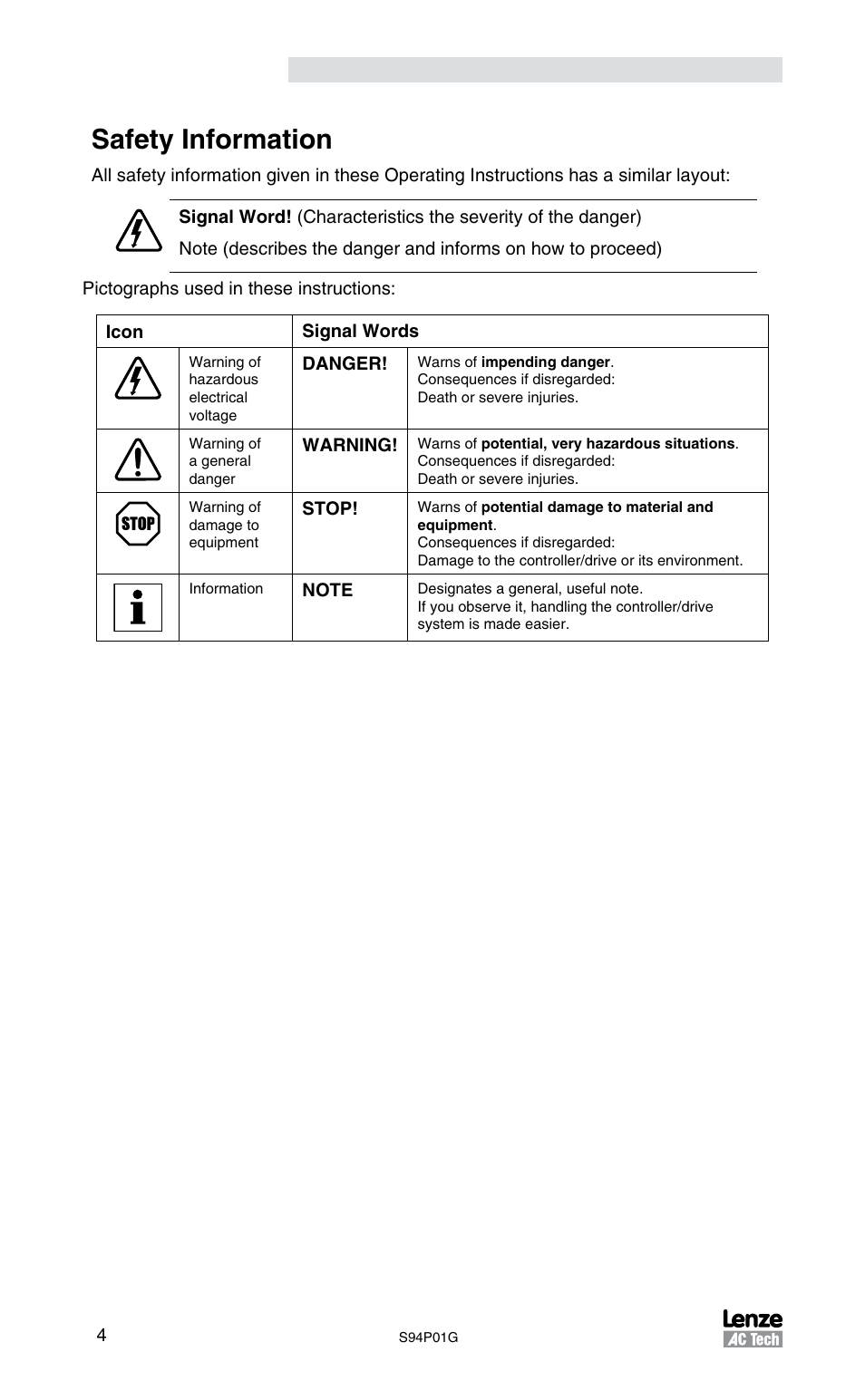 Safety information | Lenze S94P01G Position Servo User Manual | Page 6 / 84