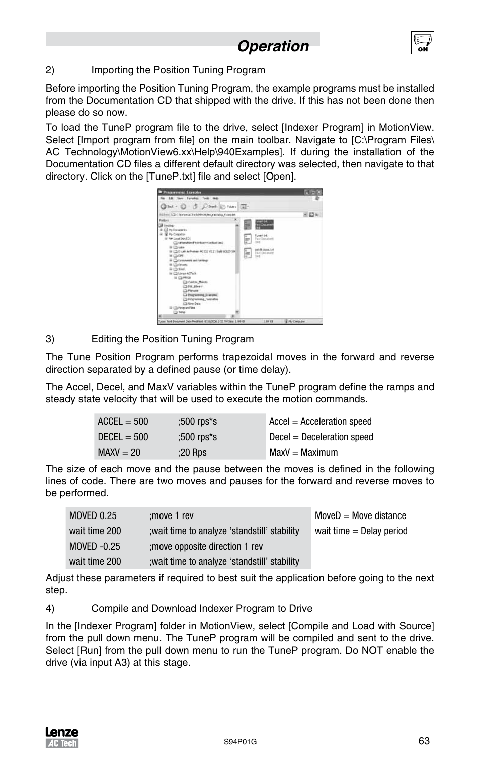 Operation | Lenze S94P01G Position Servo User Manual | Page 65 / 84