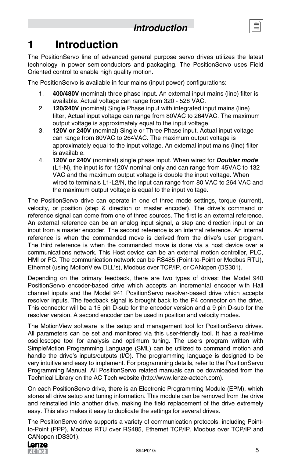 1introduction, Introduction | Lenze S94P01G Position Servo User Manual | Page 7 / 84